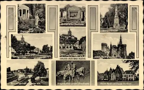 Ak Kleve am Niederrhein, Kriegerdenkmal, Kleiner Markt, Schloss, Amphitheater, Schwanenburg