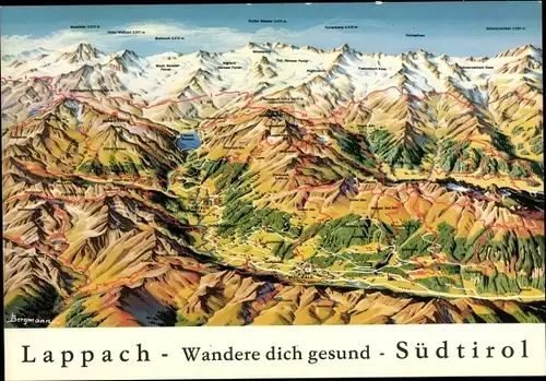 Ak Lappach Lappago Mühlwald Südtirol, Zillertaler Alpen, Landkarte mit Orten und Bergen