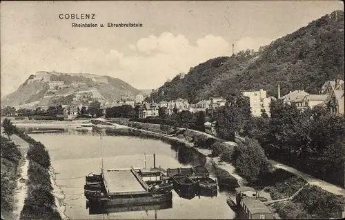 Ak Koblenz am Rhein, Rheinhafen und Ehrenbreitenstein