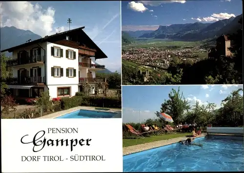 Ak Dorf Tirol Tirolo Südtirol, Pension Gamper, Außenansicht, Pool, Panorama