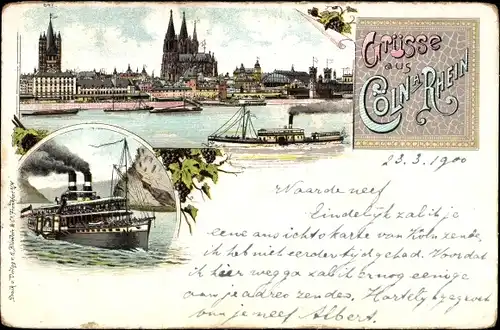 Litho Köln am Rhein, Teilansicht, Dom, Dampfschiffe