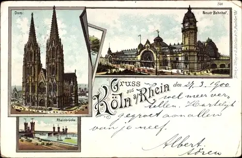 Litho Köln am Rhein, Dom, Neuer Bahnhof, Rheinbrücke
