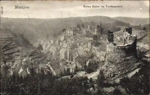 Ak Monschau Montjoie in der Eifel, Ruine Haller im Vordergrunde, Ortsansicht