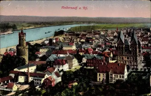 Ak Andernach am Rhein, Totalansicht der Ortschaft, Kirche, Fluss