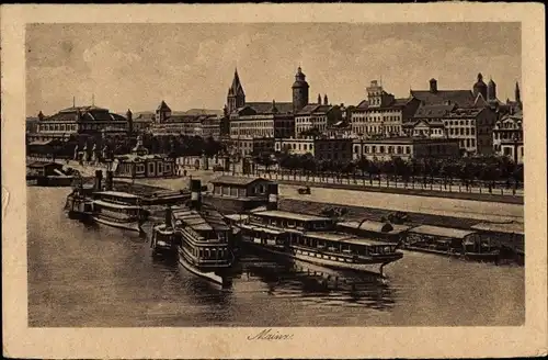 Ak Mainz am Rhein, Rheinpartie, Panorama, Kirchturm, Schiffe