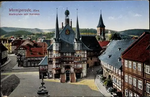 Ak Wernigerode am Harz, Marktplatz mit Rathaus, Brunnen