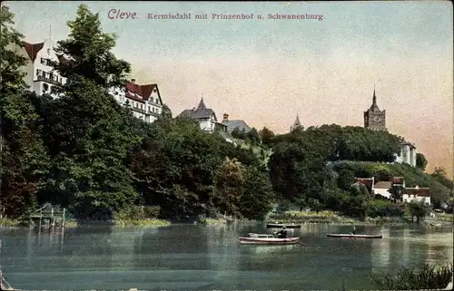 Ak Bad Cleve Kleve am Niederrhein, Kermisdahl mit Prinzenhof und Schwanenburg, Boot