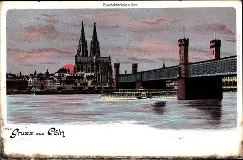 Litho Köln am Rhein, Eisenbahnbrücke und Dom, Bei Dämmerung, Dampfer
