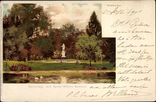 Künstler Litho Münch, C., Wiesbaden in Hessen, Kuranlage mit Kaiser Wilhelm Denkmal