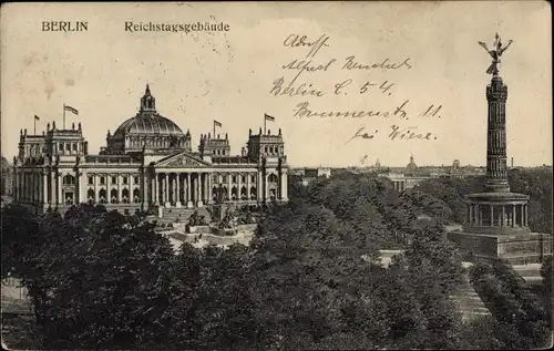 Ak Berlin Tiergarten, Reichstagsgebäude, Siegessäule