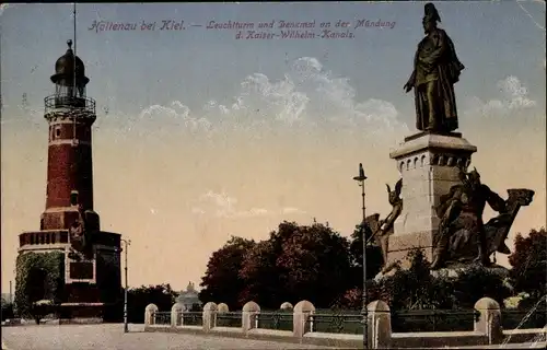 Ak Holtenau Kiel, Leuchtturm und Denkmal an der Mündung des Kaiser Wilhelm Kanals