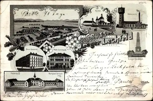 Litho Lager Lechfeld Graben im schwäbischen Kreis Augsburg, Kaserne, Wasserwerk, Kriegerdenkmal