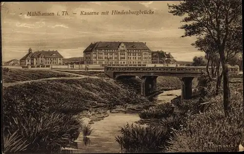 Ak Mühlhausen in Thüringen, Kaserne mit Hindenburgbrücke