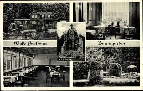 Ak Ascheffel, Wald Gasthaus Baumgarten, Saal, Bismarck Denkmal a. d. Aschberg