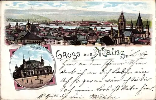 Litho Mainz in Rheinland Pfalz, Stadthalle, Panoramablick auf die Stadt