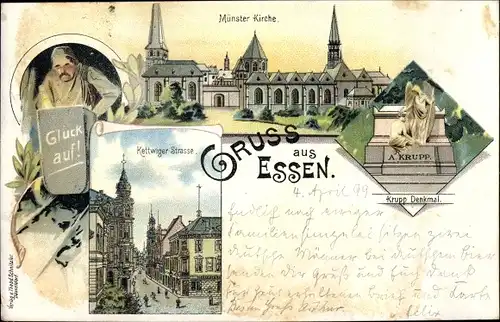 Litho Essen im Ruhrgebiet, Münsterkirche, Kruppdenkmal, Kettwiger Straße