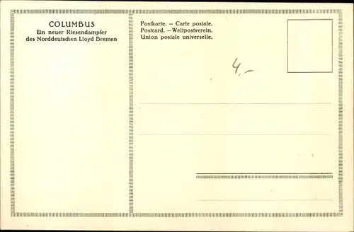 Ak Dampfschiff Columbus, Norddeutscher Lloyd Bremen