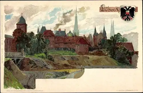 Künstler Litho Kley, Heinrich, Lübeck in Schleswig Holstein, Panorama der Stadt, Wappen