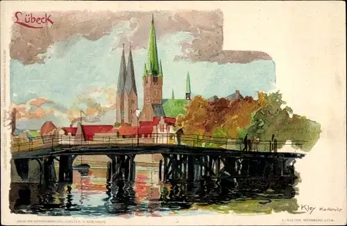 Künstler Litho Kley, Heinrich, Lübeck, Brücke, Kirche