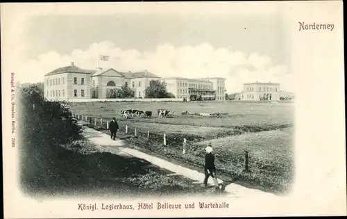 Ak Nordseebad Norderney Ostfriesland, Königliches Logierhaus, Hotel Bellevue und Wartehalle