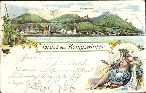 Litho Königswinter am Rhein, Gesamtansicht, Weintrauben, Kelch, Mann mit Ruder