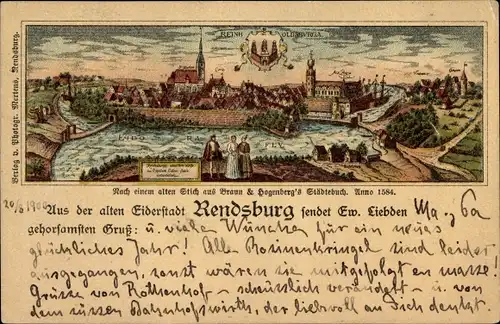 Litho Rendsburg in Schleswig Holstein, Stadt im Jahre 1584