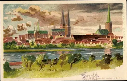 Litho Hansestadt Lübeck, Stadt von der Wakenitz gesehen