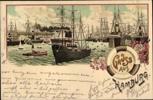 Litho Hamburg Mitte, Segelschiffe im Hafen, Dampfer, Schlepper