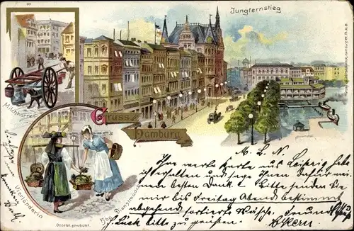 Litho Hamburg, Jungfernstieg, Milchkarren, Vierländerin, Hamburger Dienstmädchen