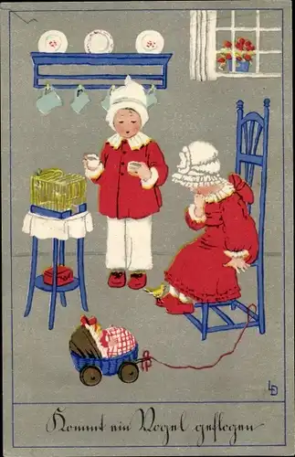Künstler Ak Döring, L., Kinder in der Küche, Wandteller, Spielzeug, Stuhl