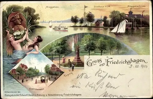 Litho Berlin Köpenick Friedrichshagen, Müggelsee, Müggelschloss, Kurpark, Nixen, Clubhaus YCM