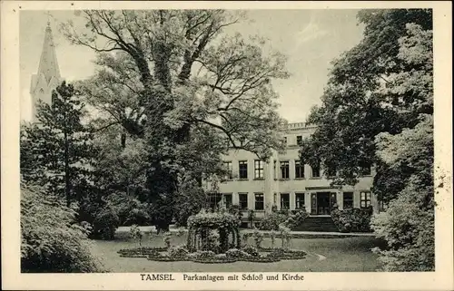 Ak Dąbroszyn Tamsel Ostbrandenburg, Parkanlagen mit Schloss und Kirche