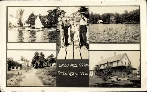 Foto Ak Pike Lake Wisconsin USA, Männer, Segelboot, Ortsansichten