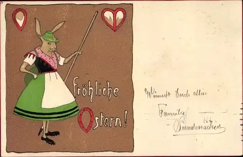 Ak Glückwunsch Ostern, Vermenschlichter Hase im Dirndl