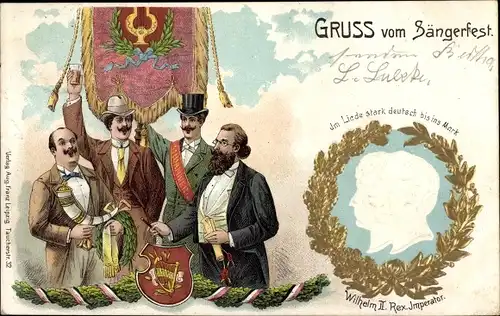 Präge Litho Gruß vom Sängerfest, Kaiser Wilhelm II., Kaiserin Auguste Viktoria, Portrait