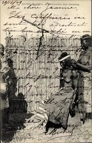 Ak River gambia, Toucouleur hair dressing, Frauen, barbusig