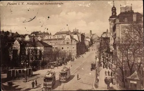 Ak Plauen im Vogtland, Postplatz mit Bahnhofstraße, Straßenbahnen