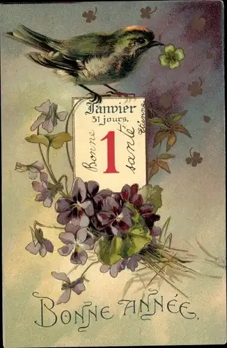 Litho Glückwunsch Neujahr, Kalenderblatt 1 Januar, Vogel, Veilchen
