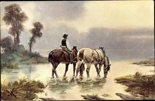 Künstler Ak Landschaft mit Reiter und Pferd im Wasser