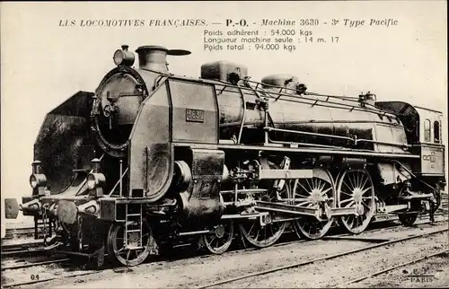 Ak Les Locomotives Francaises, P. O., Machine 3630, 3e Type Pacific, Französische Eisenbahn