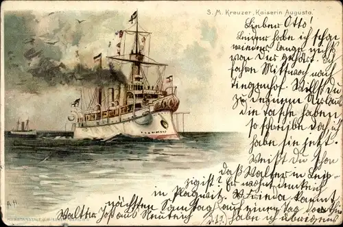 Künstler Litho Deutsches Kriegsschiff, SMS Kaiserin Augusta, Kreuzer, Kaiserliche Marine