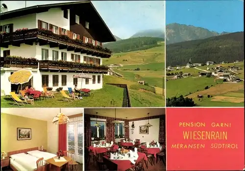 Ak Meransen Maranza Südtirol, Pension Wiesenrain, Außenansicht, Zimmer, Speiseraum, Panorama