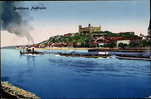 Ak Podhradie Schlossgrund Bratislava Slowakei, Blick zur Burg, Lastkähne