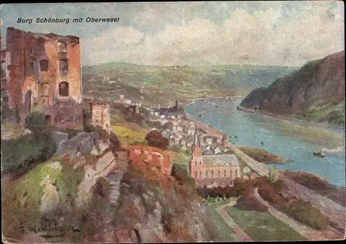 Künstler Ak Oberwesel am Rhein, Burg Schönburg