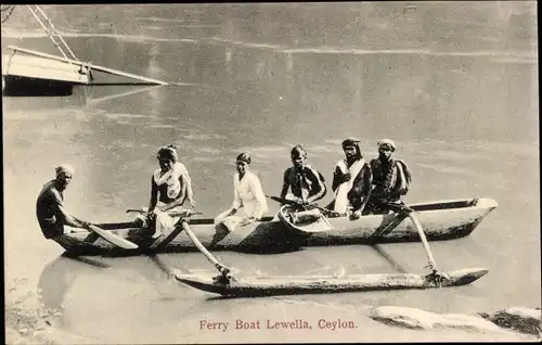 Ak Sri Lanka, Ferry Boat Lewella, Männer u. Frau im Kanu