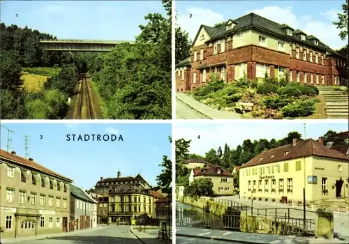 Ak Stadtroda in Thüringen, Sparkasse, Autobahnbrücke Zeitzgrund, Bezirkskrankenhaus, Thälmannstraße
