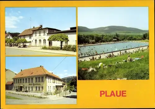 Ak Plaue in Thüringen, Hotel Plauescher Grund, HO Gaststätte Ehrenburg, Freibad