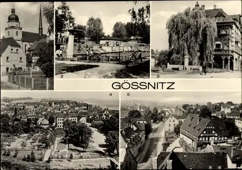 Ak Gößnitz in Thüringen Marktgasse, Schwimmbad, Goethebrunnen, Teilansichten der Stadt