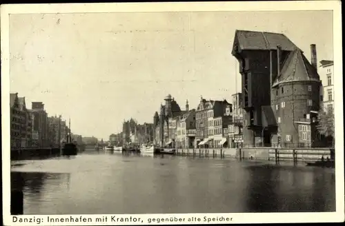 Ak Gdańsk Danzig, Innenhafen mit Krantor, alte Speicher
