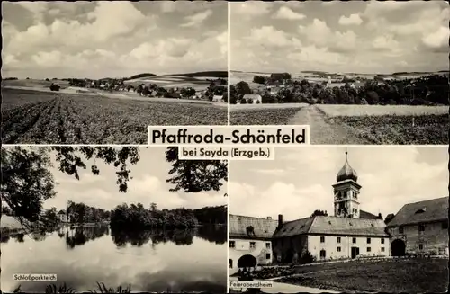 Ak Schönfeld Pfaffroda Olbernhau im Erzgebirge, Feierabendheim, Schlossparkteich, Feld, Panorama